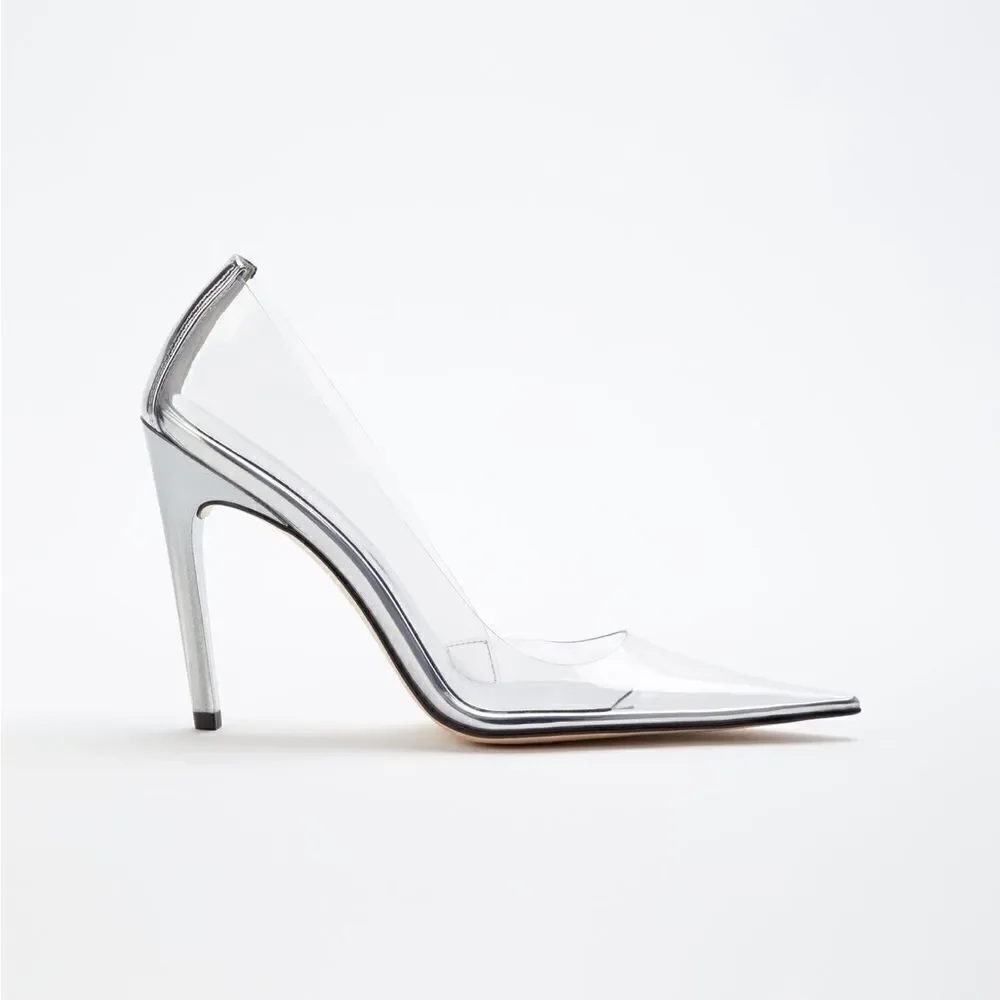 Good American Clear PVC Pointed Toe Stiletto Heels with Silver Trim